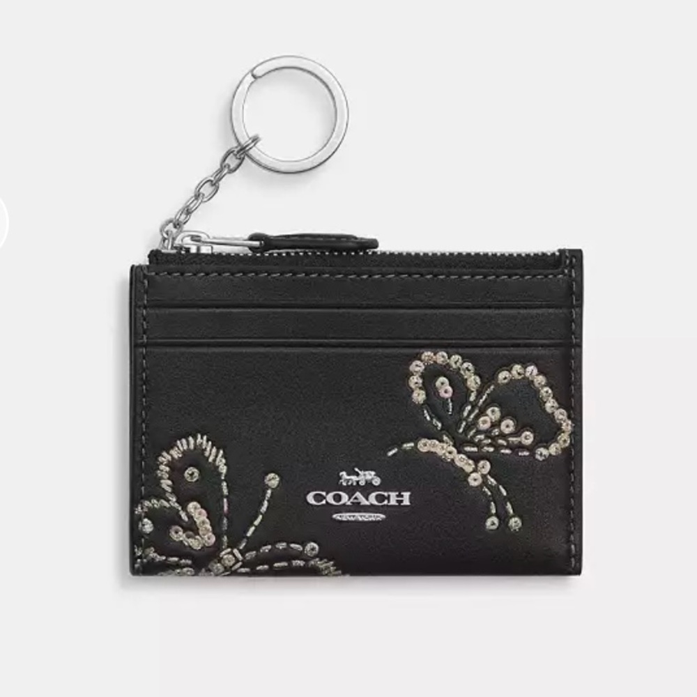🦋Coach Mini Skinny ID Case with Butterfly Print CCM78 Black Silver SOLD OUT NWT